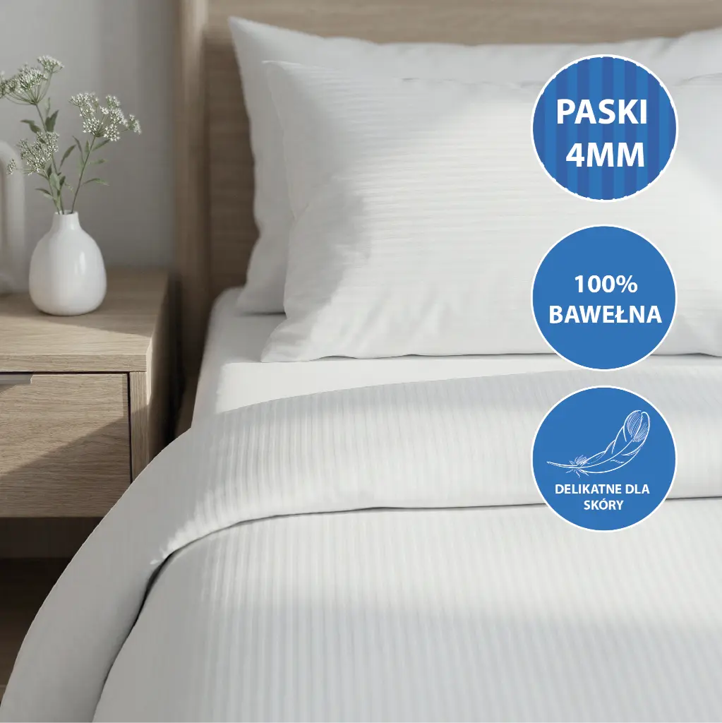 Poszewki hotelowe Biela - adamaszek, paski 4 mm (50/70 cm + 15 cm, paski poziome)